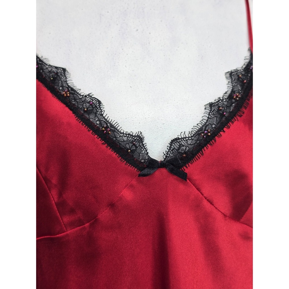 Deane & White Satin Slip Dress Sz Large Lace Trim Chemise Lingerie Red Goth 3316 - Picture 3 of 10